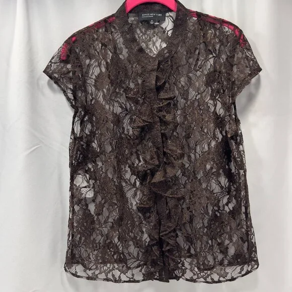Jones New York Collection sz12 Manderin Banded Collar Lace Top Silk Cami Ruffled - Picture 5 of 16